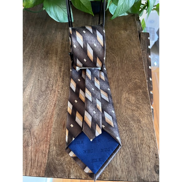 Carlos De Venezia 100% Silk‎ Brown Geometric Necktie Mens Tie 60 x4 Career - Picture 5 of 5